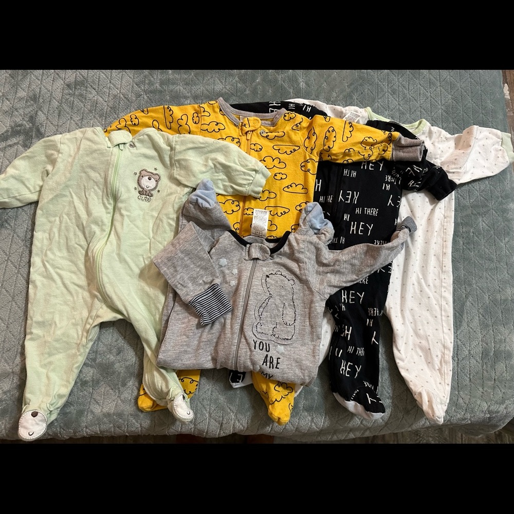 Infant boy 0-3 footed pjs and onsies , 10 total
